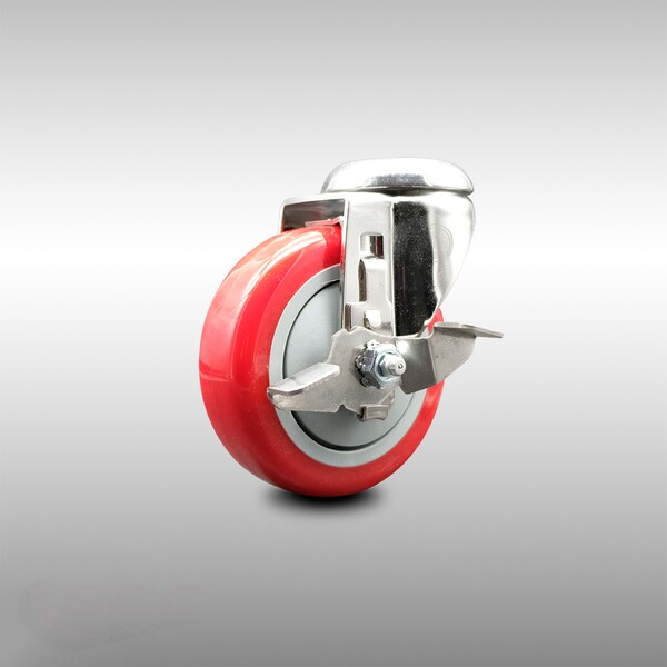 Service Caster 4 Inch 316SS Red Polyurethane Wheel Swivel Bolt Hole Caster with Brake SCC SCC-SS316BH20S414-PPUB-RED-TLB - main